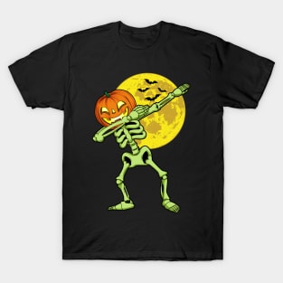 Dabbing Skeleton Pumpkin Head Halloween Costume T-Shirt